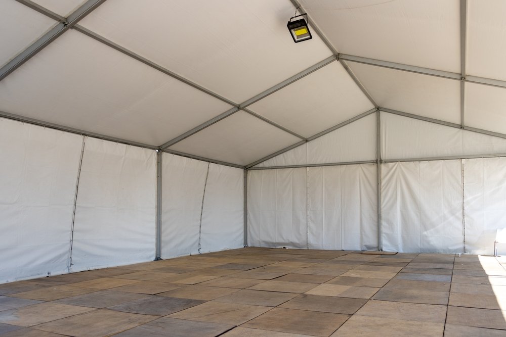 The inside of a structure tent highlighting the famework used to assemble it