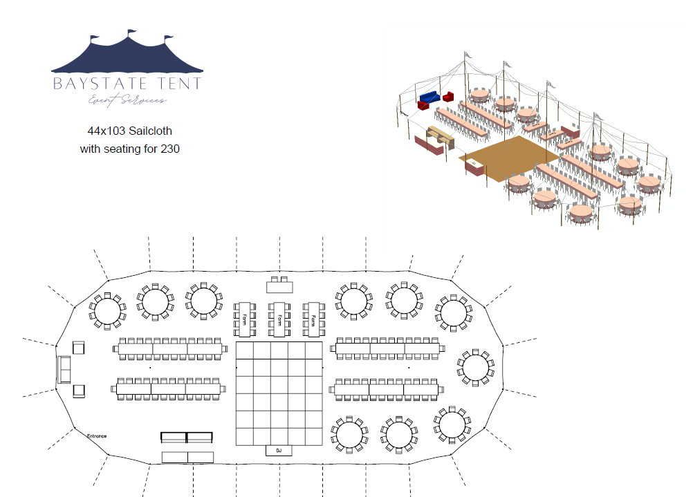 Wedding tent layout with sailcloth tent, farm tables, dancefloor, round tables, lounge area, double bar