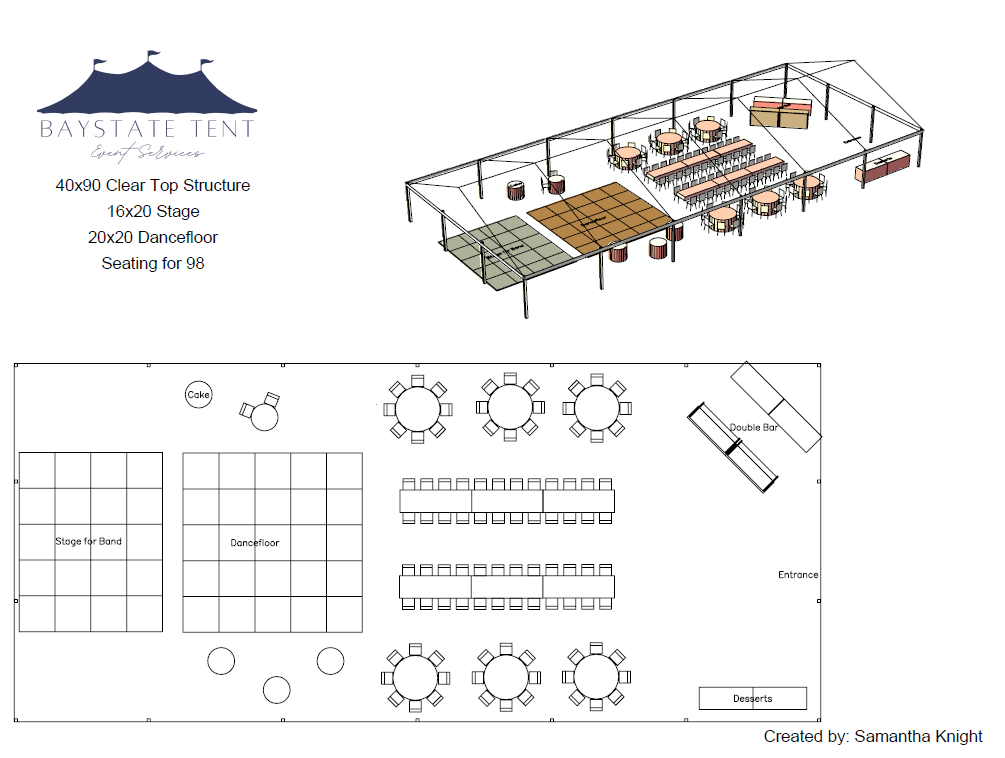 Wedding tent layout with dancefloor, stage for band, sweetheart table, mix of round and banquet tables, double bar