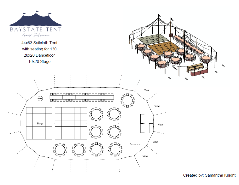 wedding tent layout for sailcloth tent with band stage dancefloor head table round tables and double bar