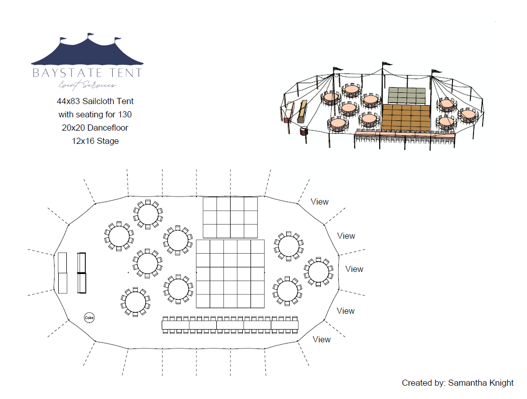 wedding tent layout for sailcloth tent with band stage dancefloor head table round tables and double bar