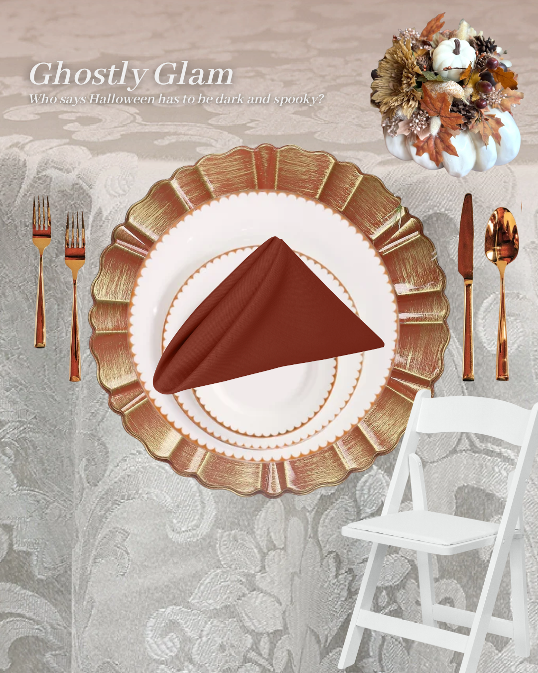 Elegant white and terracotta Halloween tablescape with white damask linens, white garden chair, terracotta napkin, and gold-accented charger plate.