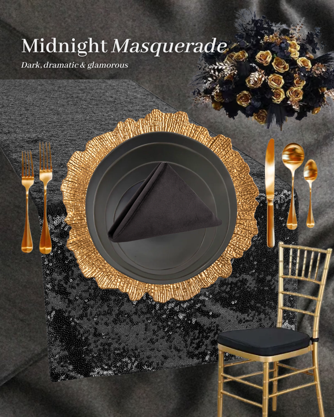 Black and gold Halloween masquerade tablescape with black dupioni linens, sequin runner, gold Chiavari chair, black dinnerware, and gold charger.
