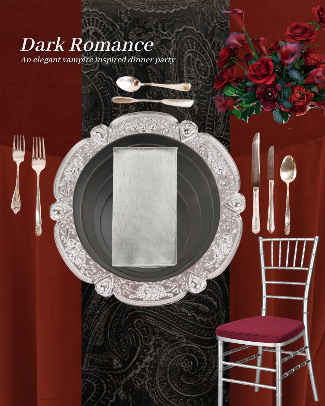 Gothic vampire-inspired Halloween tablescape with merlot velvet linens, black lace runner, silver Chiavari chair, cranberry cushion, and vintage silver details.