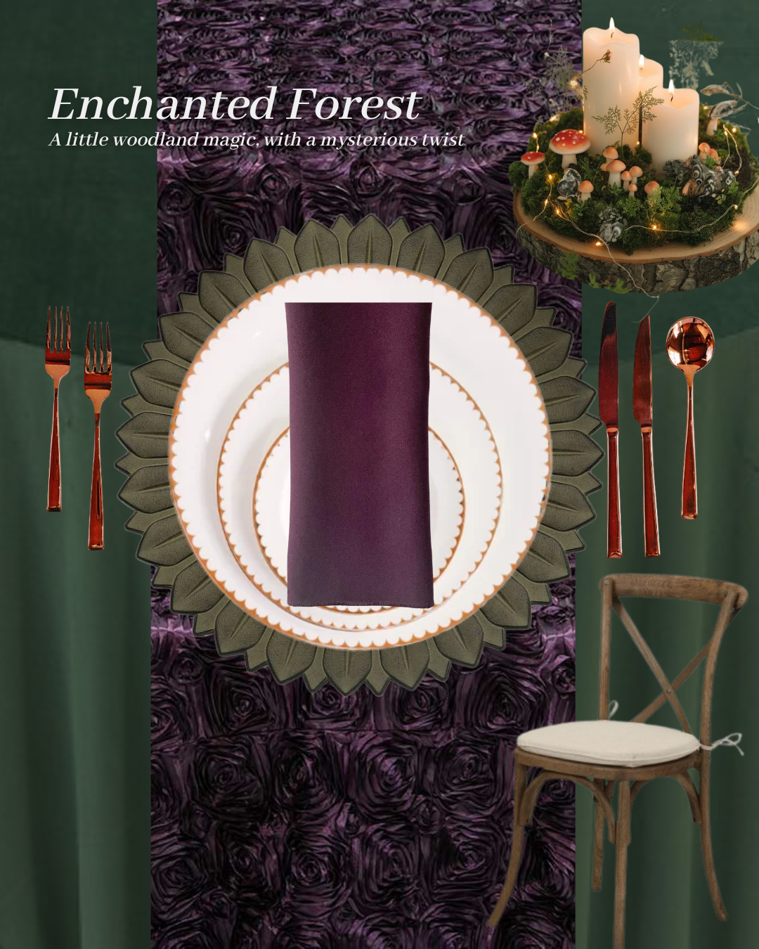 Enchanted forest Halloween tablescape with hunter green linens, aubergine rosette runner, natural wood crossback chair, and olive green charger plate.