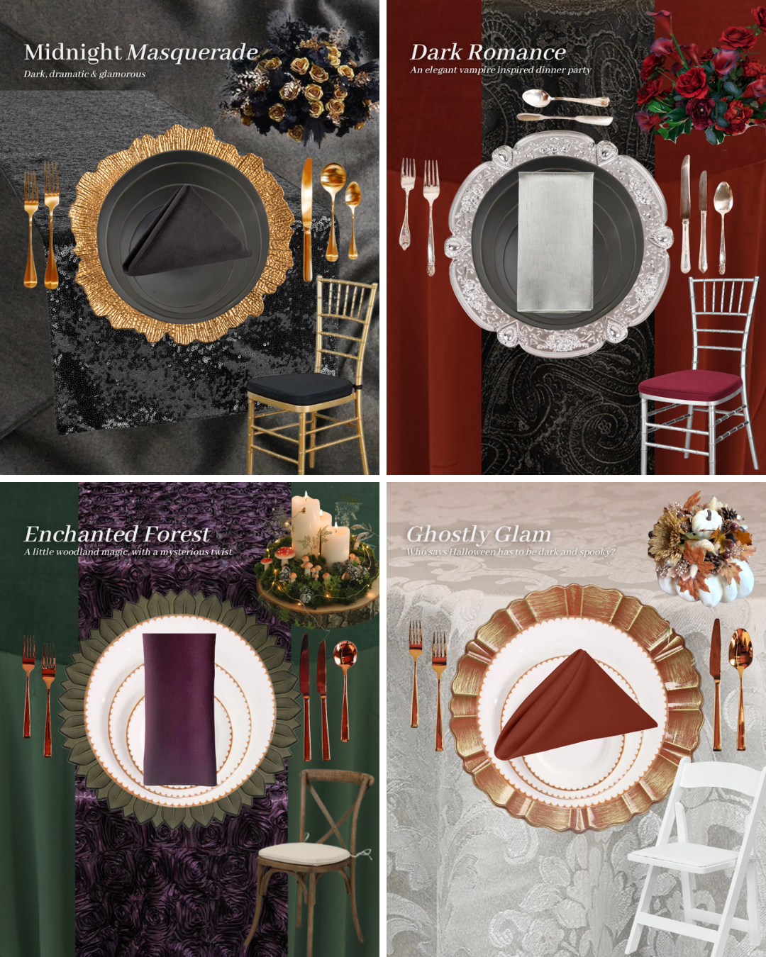Four elegant Halloween tablescape ideas featuring black and gold masquerade decor, gothic merlot velvet, enchanted forest greens, and white and terracotta accents.