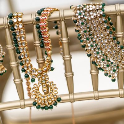 jewlery hung on wedding chair